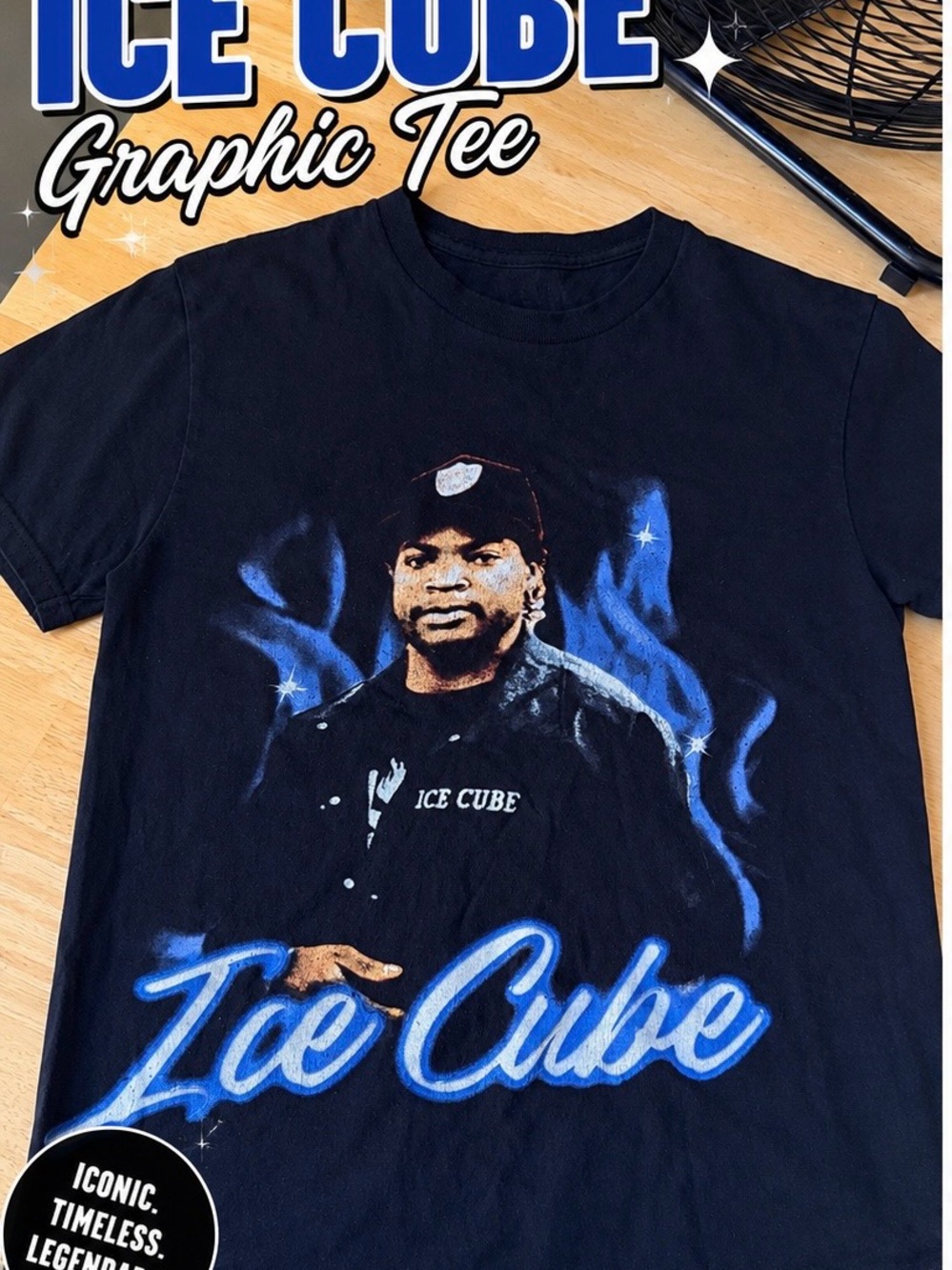 Ice Cube Graphic Tee - Black with Blue Print